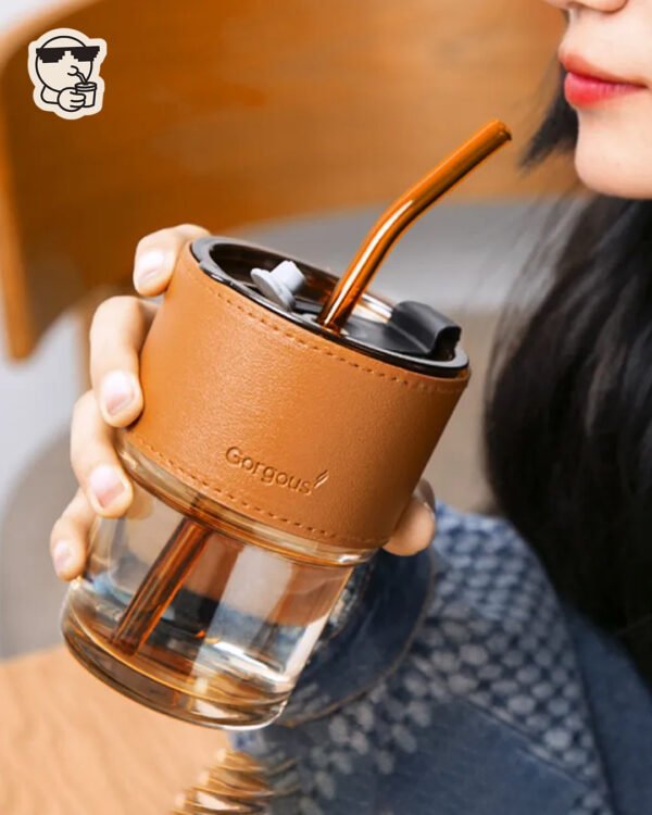 Gorgous Glass Coffee Mug with Straw and Faux Leather Sleeve - Image 6