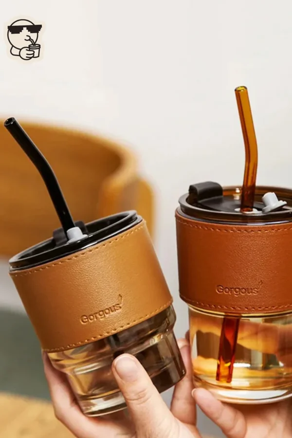 Gorgous Glass Coffee Mug with Straw and Faux Leather Sleeve - Image 2