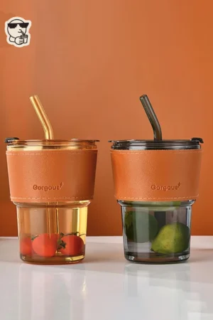 Gorgous Glass Coffee Mug with Straw and Faux Leather Sleeve