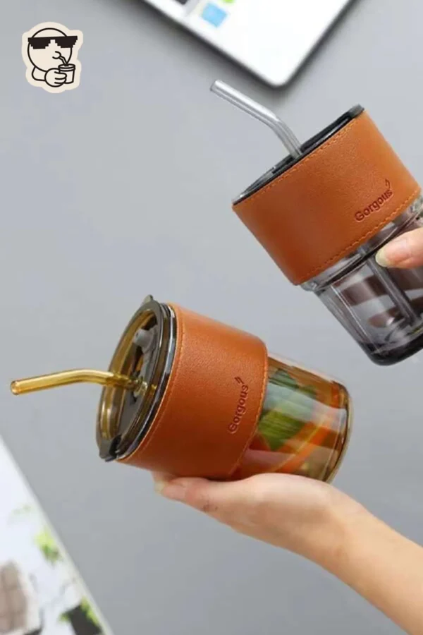 Gorgous Glass Coffee Mug with Straw and Faux Leather Sleeve - Image 3