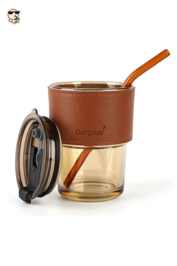 Gorgous Glass Coffee Mug with Straw and Faux Leather Sleeve - Image 4