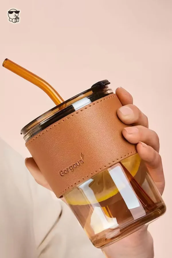 Gorgous Glass Coffee Mug with Straw and Faux Leather Sleeve - Image 5
